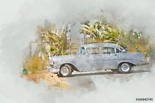 Picture of Silver old car in Cuba watercolor